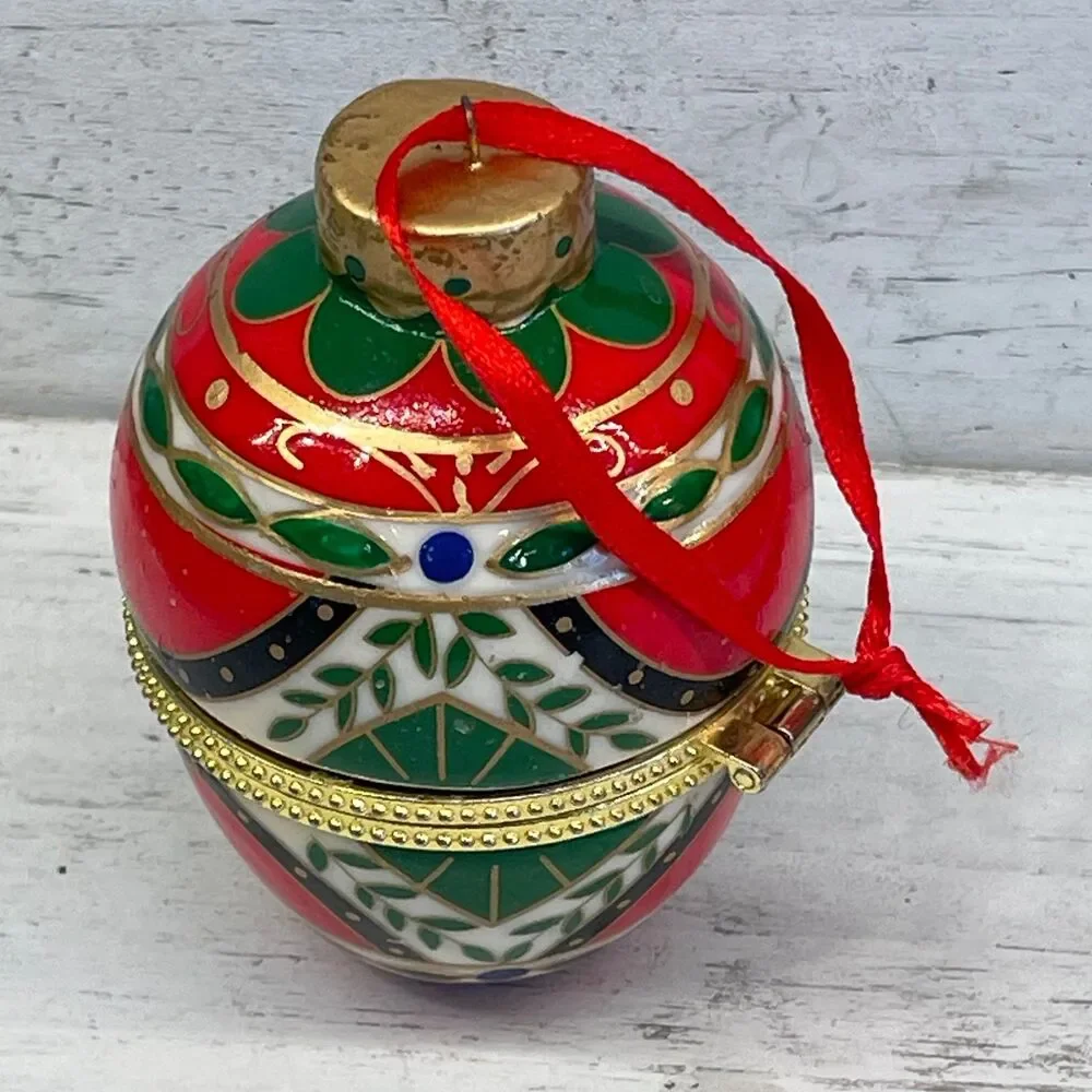 Vintage Hand Painted Ceramic Trinket Box Ornament - Hinged Floral Metal Rim 3”